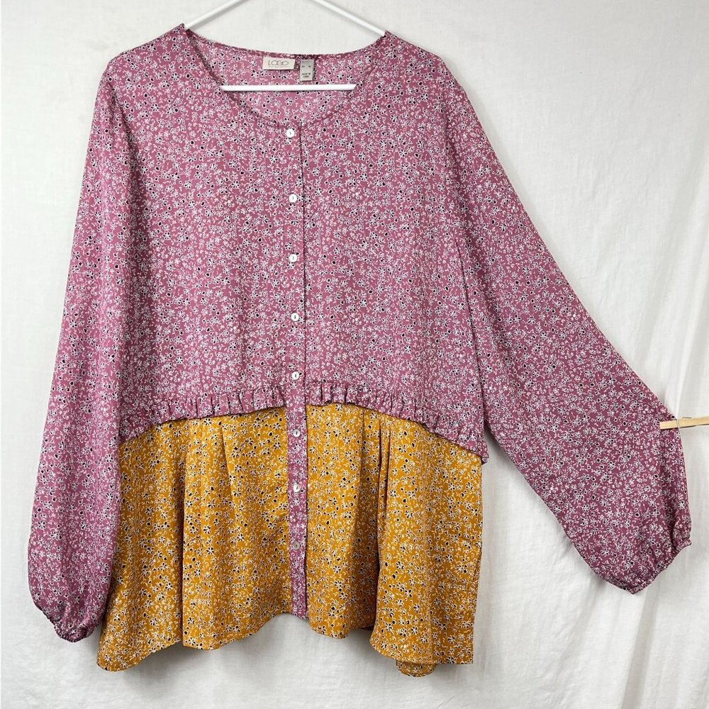 LOGO Lori Goldstein Button Up Tunic Womens 1X Plus Size Ruffle Cottage‎ Pockets